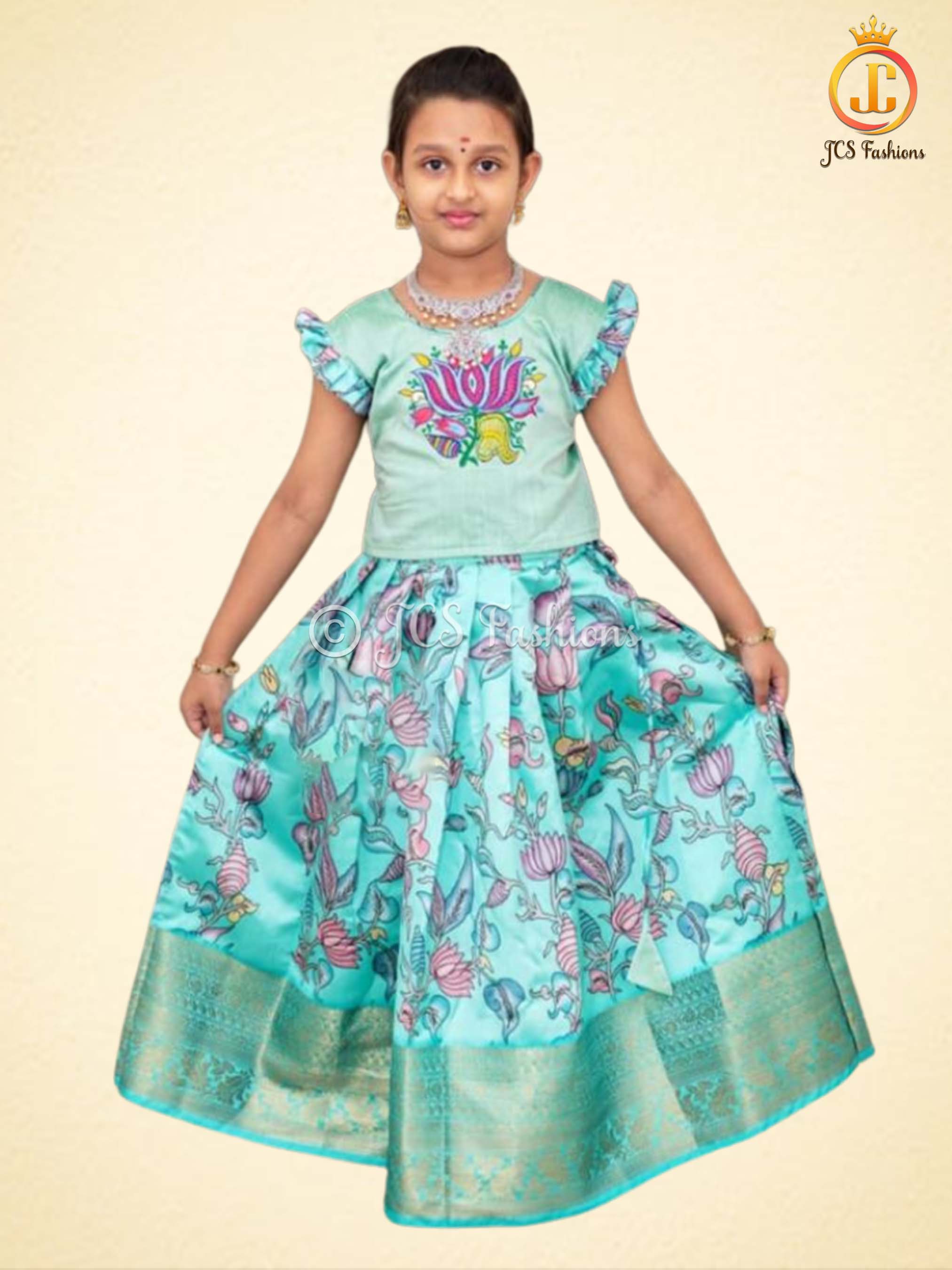 Blue Kalamkari Print Lehenga with Croptop for Kids/Girls Lehenga JCS Fashions Green 26