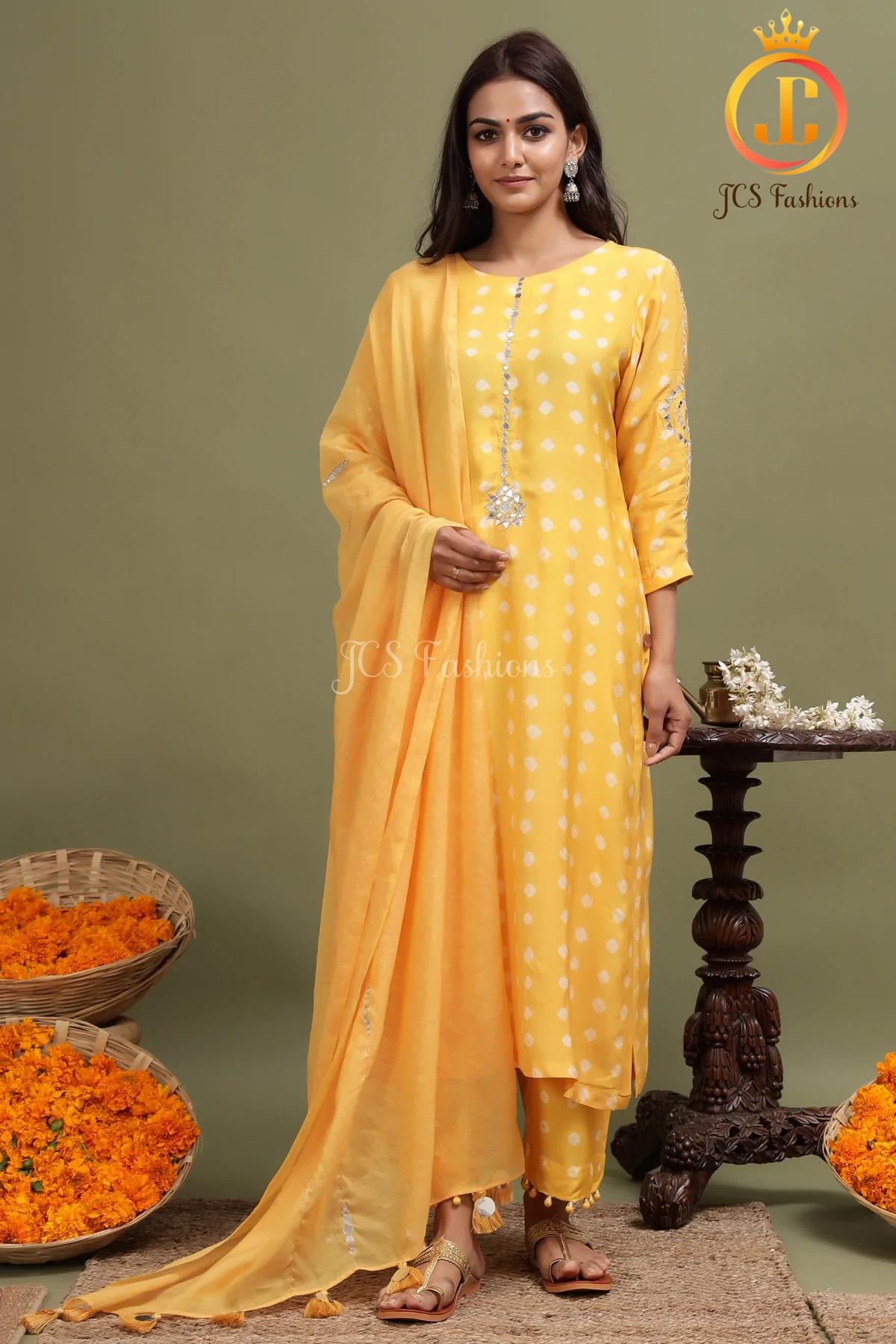 Yellow Bandhini Straight Kurti With Potli Pants and matching Stole