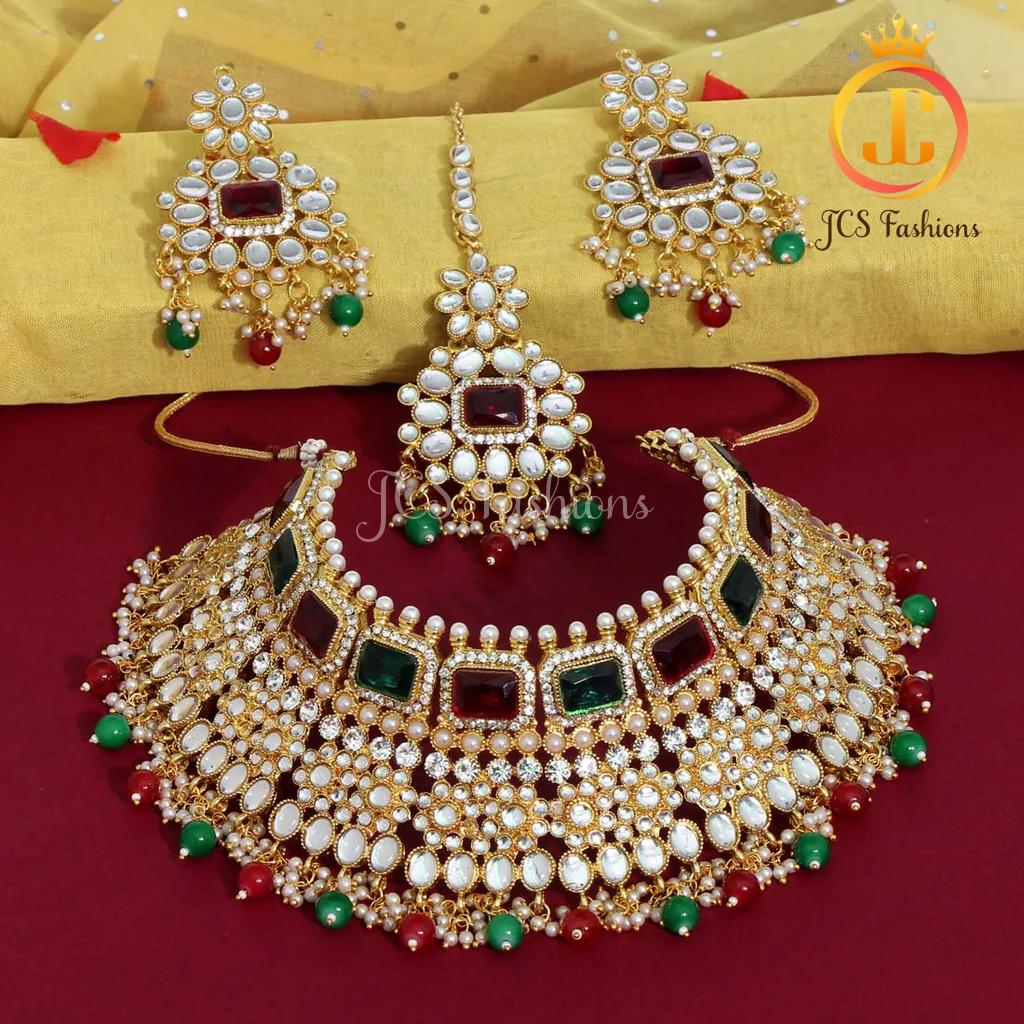 Maroon and Green Kundan necklace set with earrings and tikka Jewelry JCS Fashions Maroon & Green 20 * 7