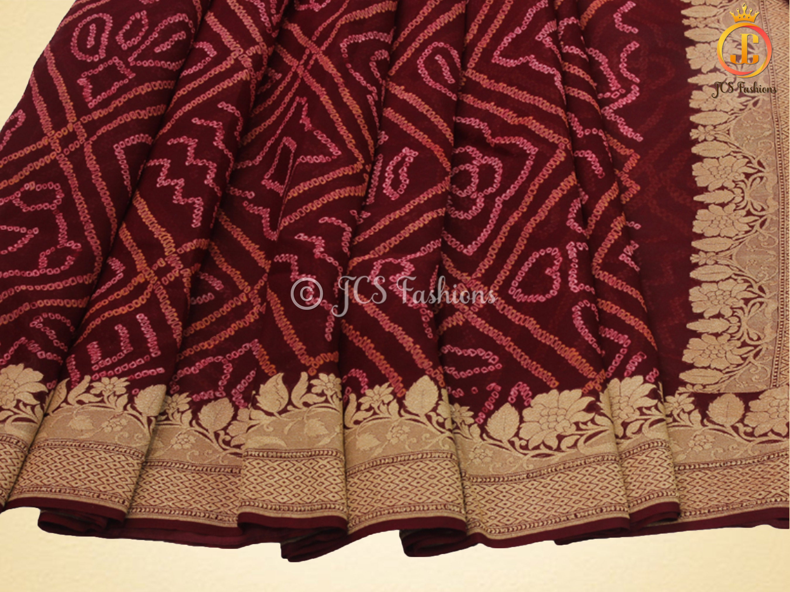 Maroon Pure Khaddi Georgette Rai Bandhej Saree, Silk Mark Certified SAREE JCS Fashions