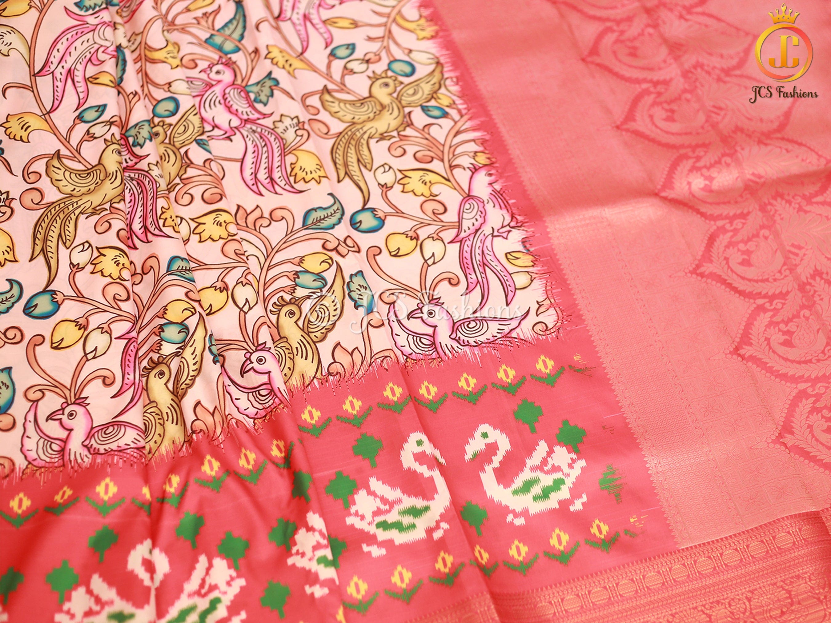 Kanchi Border Soft Silk Saree with Kalamkari and Patola Prints SAREE JCS Fashions