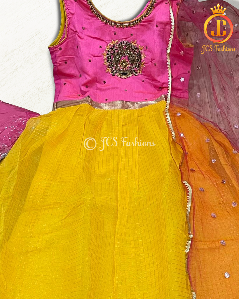 Long Gown with Zari Borders in Pink and Yellow KURTI JCS Fashions