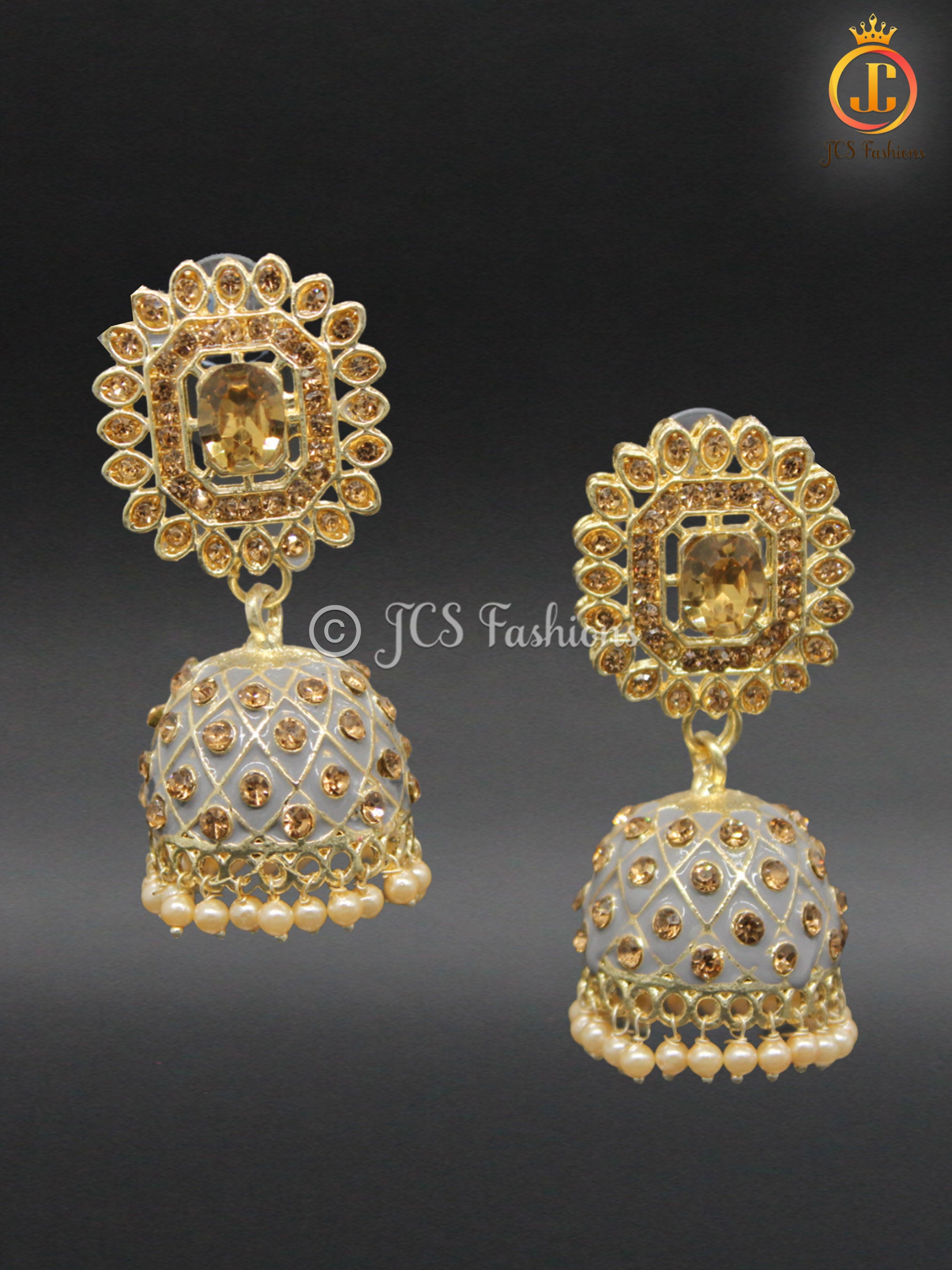 Kundan Jhumka Earrings with Stones and Pearls Jewelry JCS Fashions Grey 2.5 inch