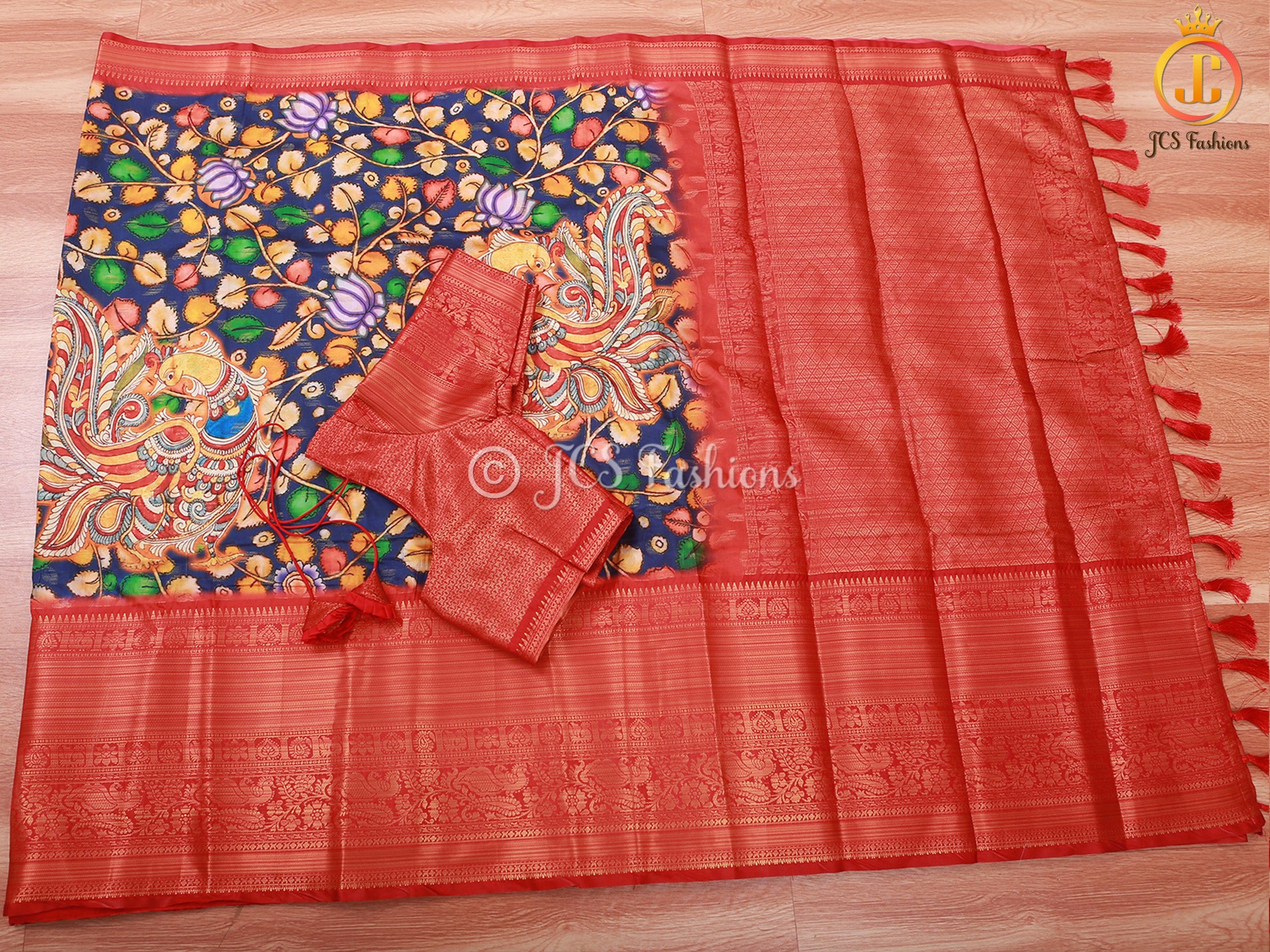 Kalamkari Saree With Kanchipuram Zari Border - Blue