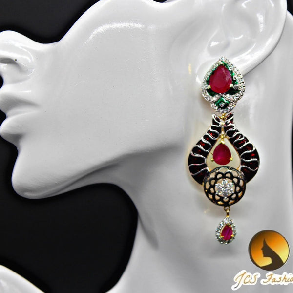 Long Earring | Red and Stone | Maroon Enamel