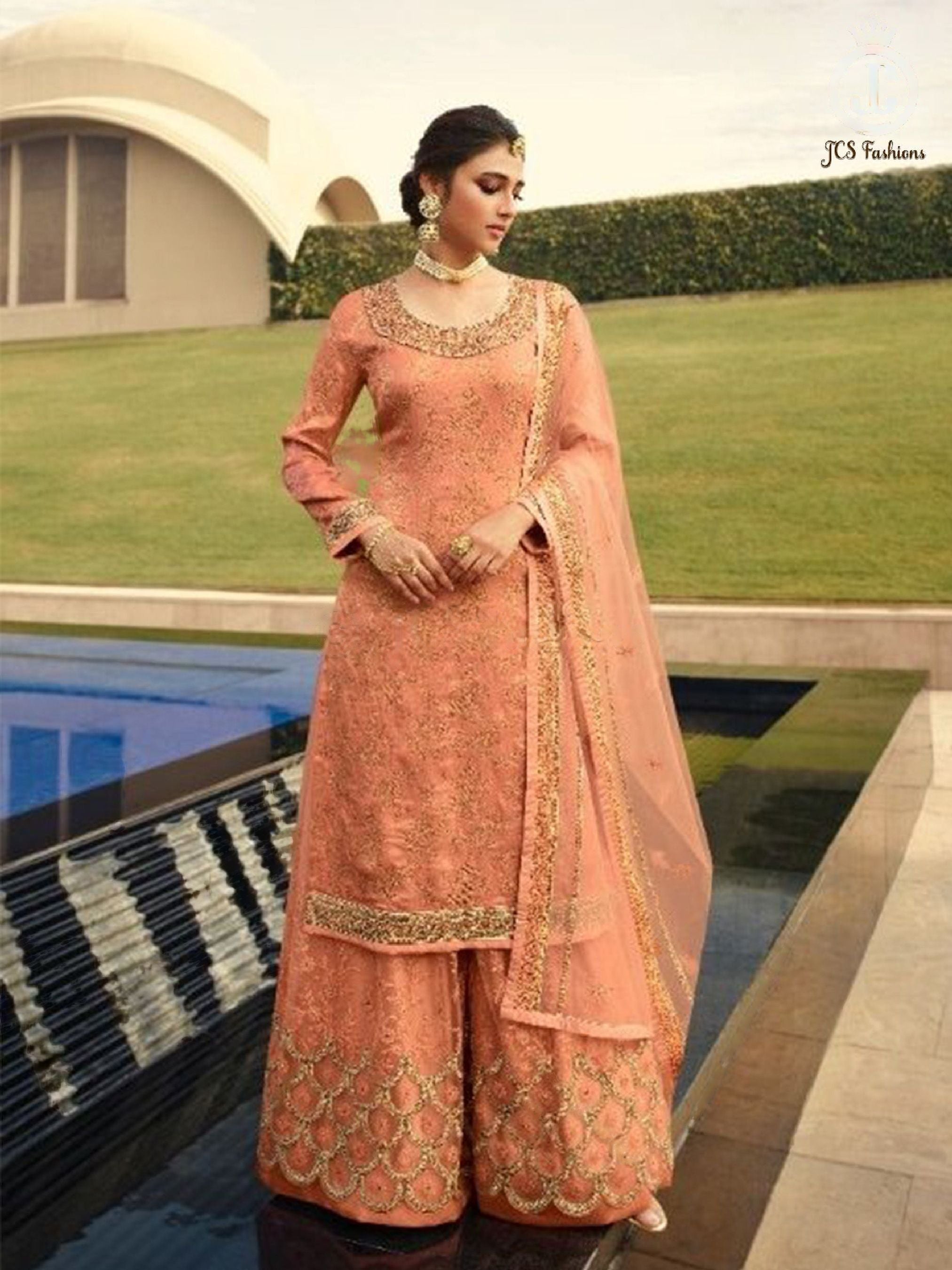 Sharara Suit With Intricate Stone and Embroidery work in Peach KURTI JCS Fashions Peach Medium (38)