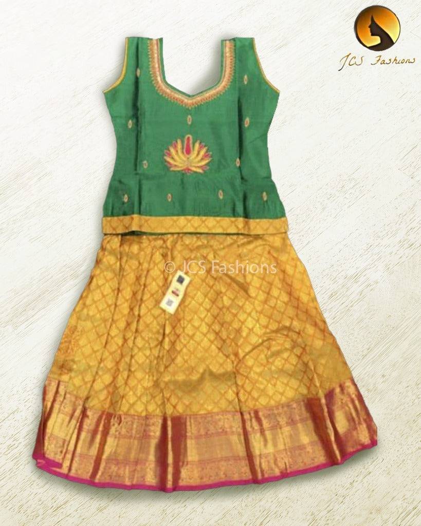 Pure Silk Pattu Paavadai Set with Maggam Work Kids JCS Fashions yellow 6 Yrs