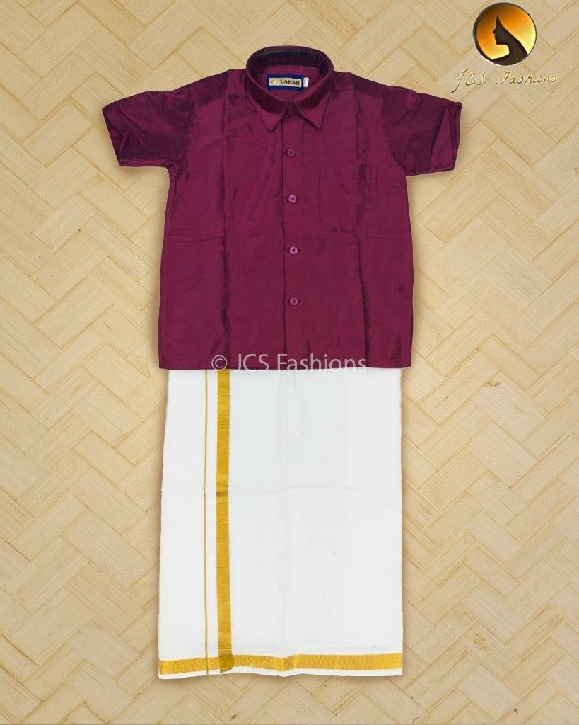 Chutti Boys Pattu Silk Velcro Dhoti and Semi Silk Shirt Set Kids JCS Fashions Red 2-3 Yrs