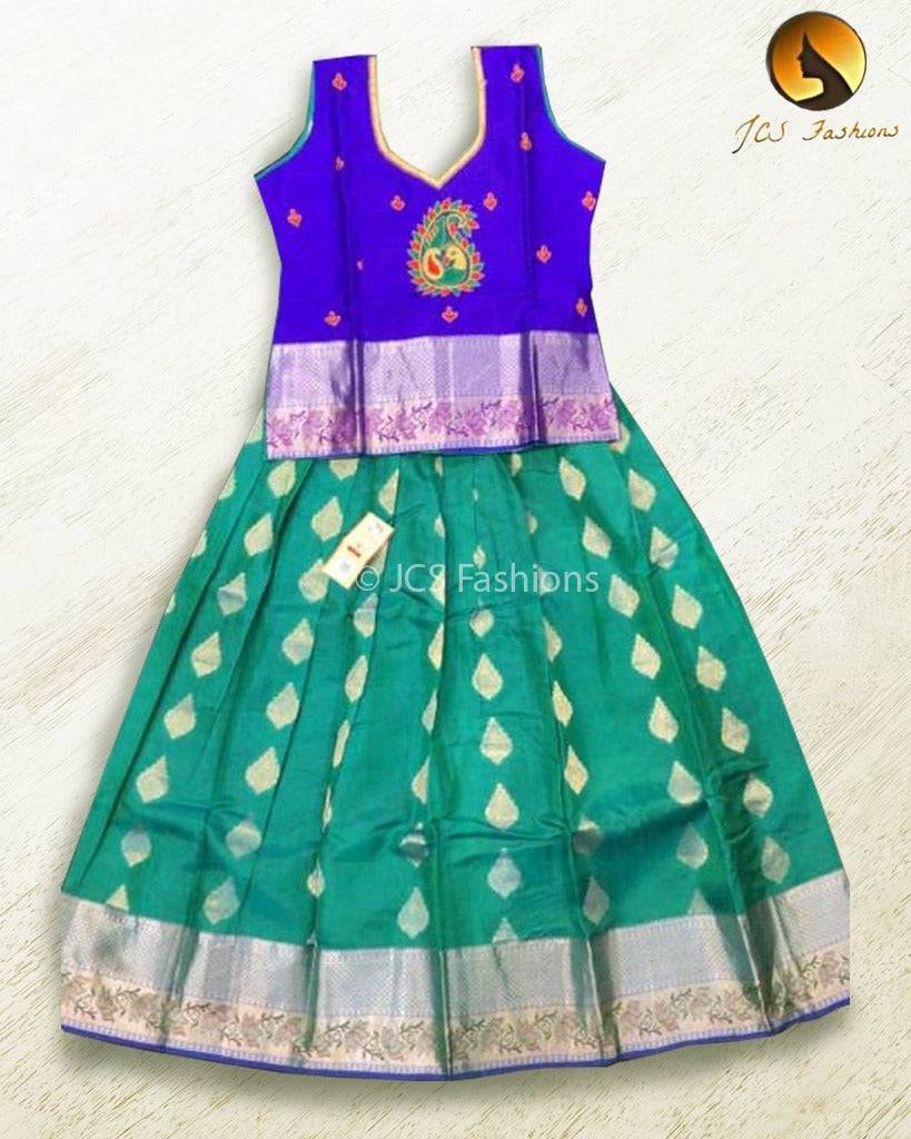 Pure Silk Pattu Paavadai Set | Kids Lehanga | 9 Years Old Kids JCS Fashions Green + Violet 9 Yrs