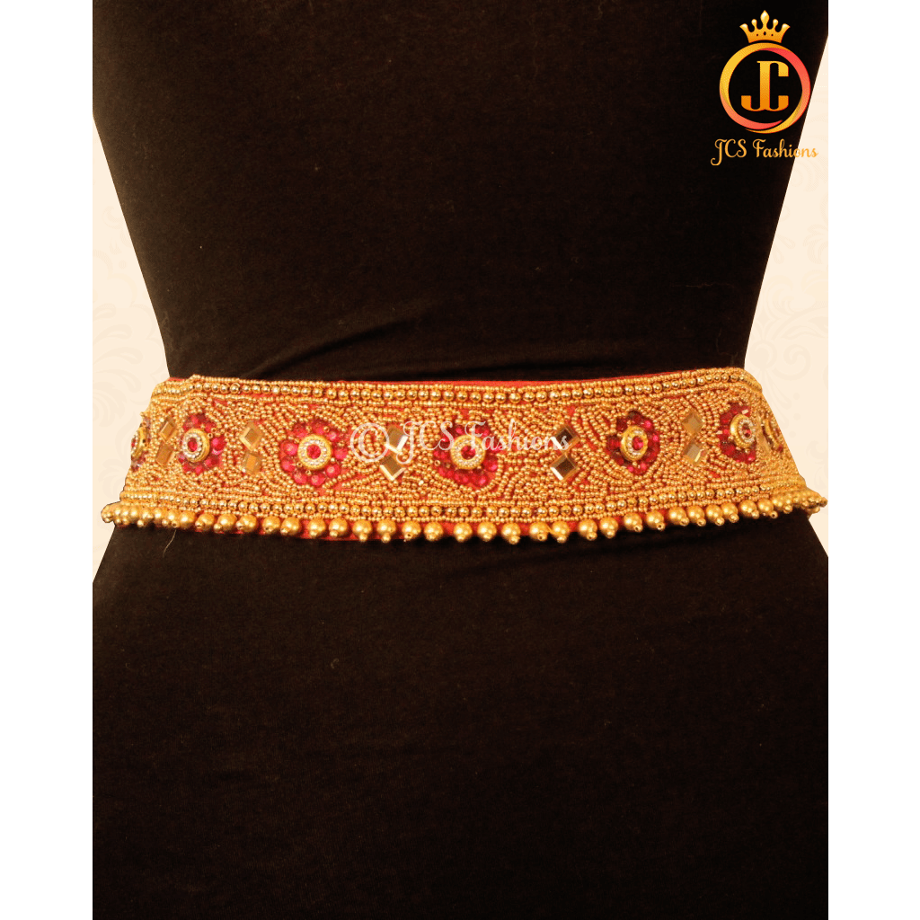 Red Stone Aari Work Hip Belt 30"-36" - Traditional Elegance