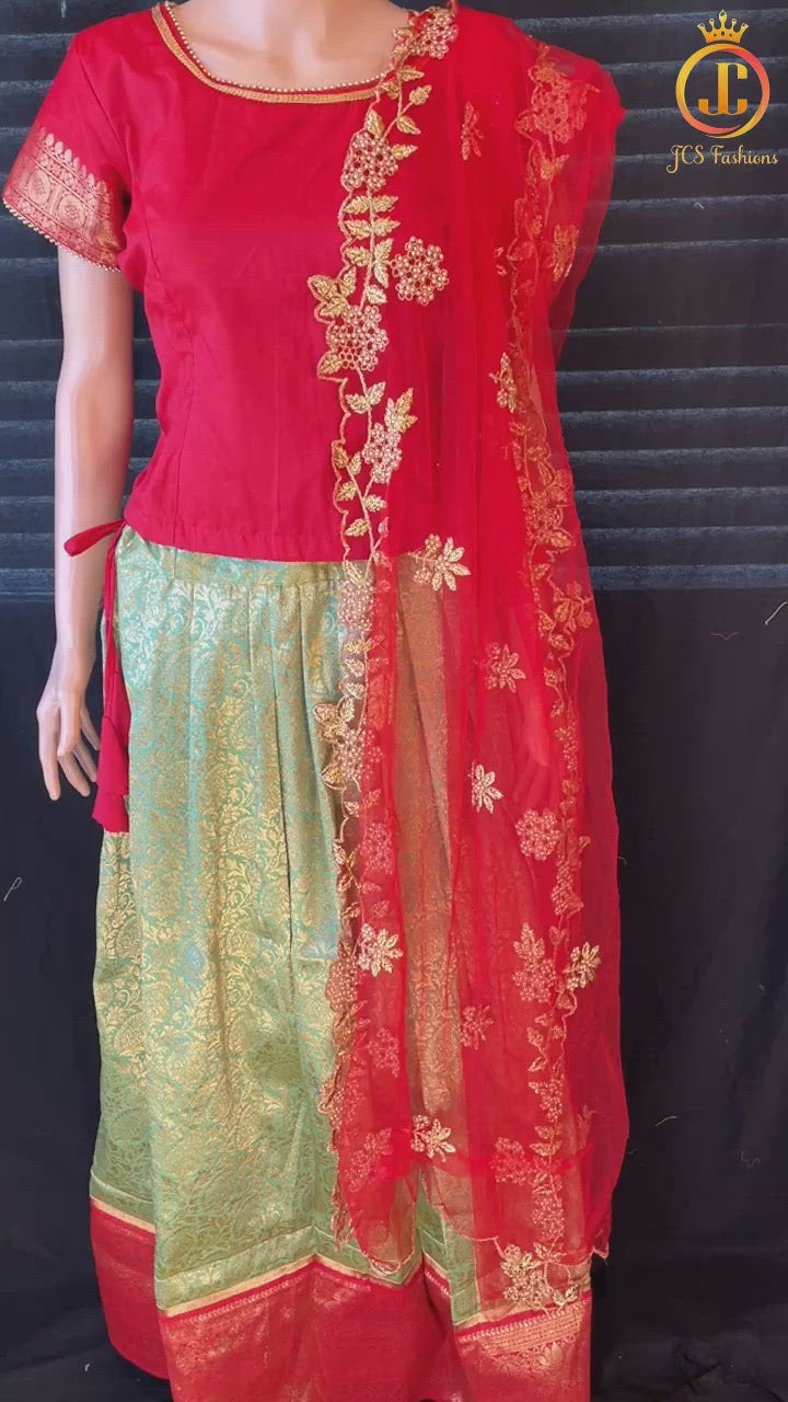 Banarasi Lehenga with Crop Top| Kanchipuram Border| Pavadi for Teens Lehenga JCS Fashions