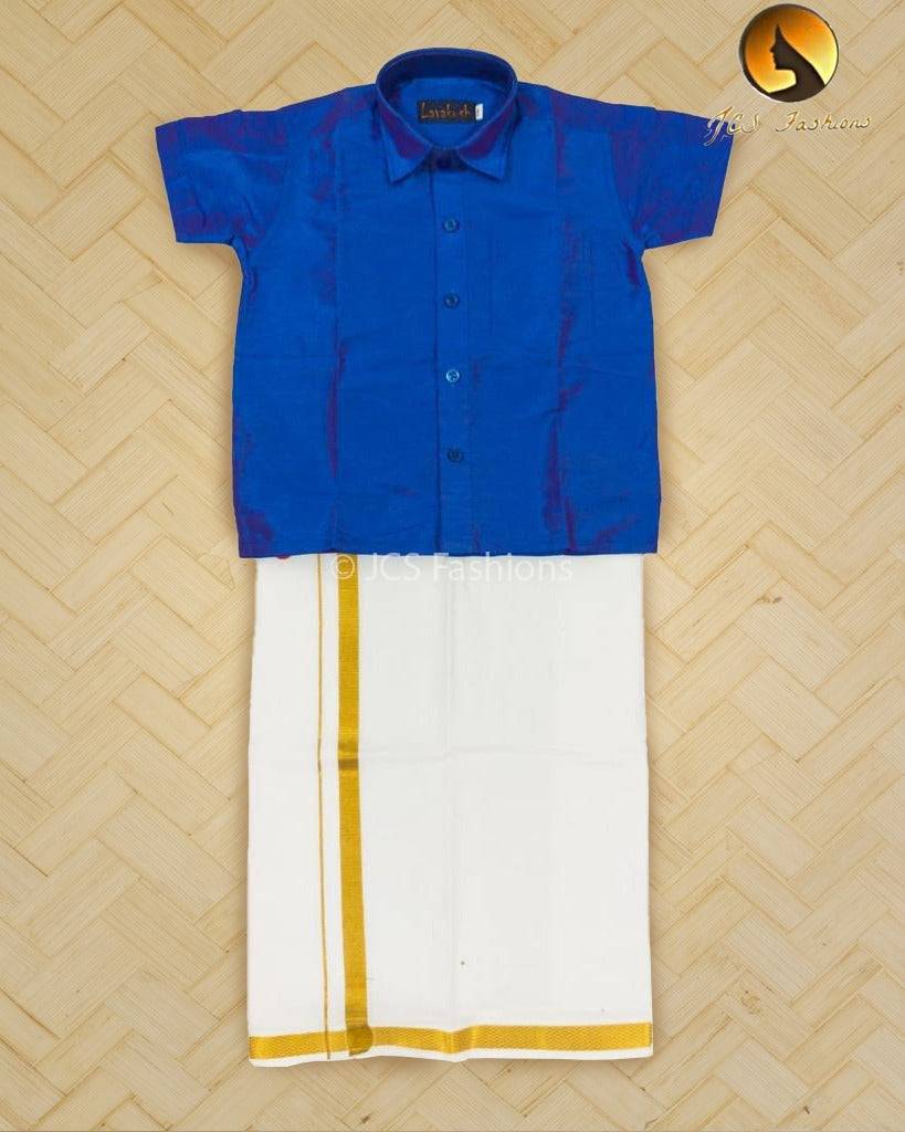 Chutti Boys Pattu Silk Velcro Dhoti and Semi Silk Shirt Set Kids JCS Fashions Blue 2-3 Yrs