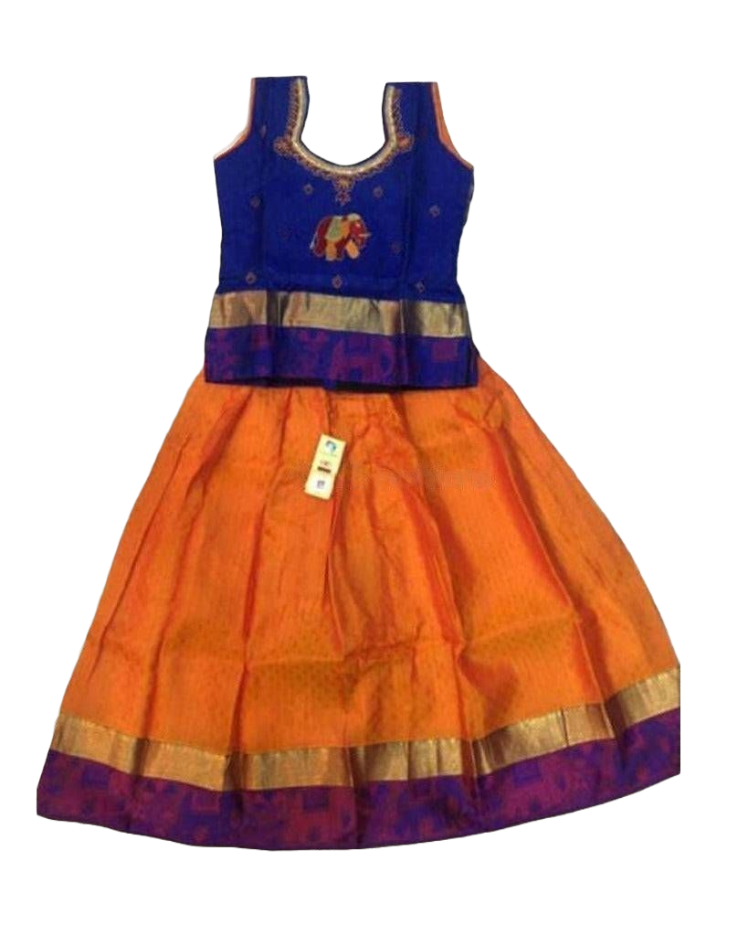 Pure Silk Pattu Paavadai Set | Kids Lehanga | 8 Years Old Kids JCS Fashions Purple and orange 8 Yrs