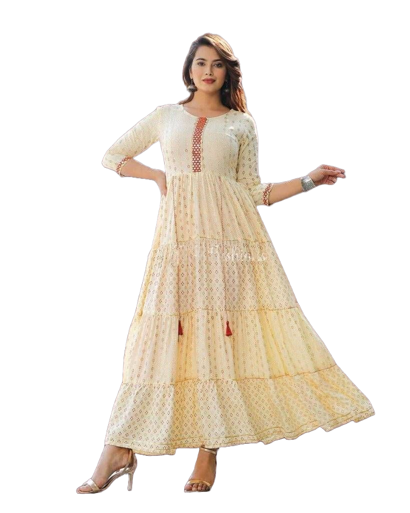 Designer Tyre Pattern Kurti Gowns - Rayon with Fancy Embroidery & Prints Kurti JCS Fashions White Small (36)