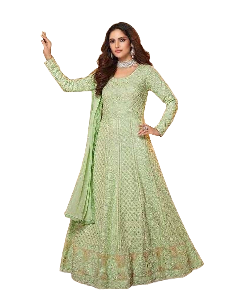 Real Gorgette Floor length Kurti Wtih Dupatta. Heavy embroidery. Green Kurti JCS Fashions Pista Green X-Large (42)