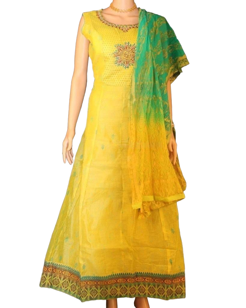 Bollywood Style Chanderi Gown with Yoke Embroidery and Dupatta Set Kurti JCS Fashions Yellow XX-Large (44)