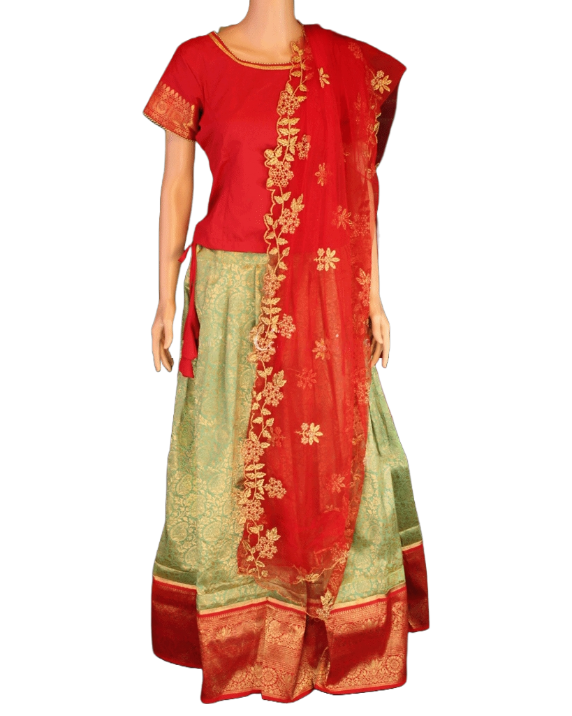 Banarasi Lehenga with Crop Top| Kanchipuram Border| Pavadi for Teens Lehenga JCS Fashions Red Medium (38)