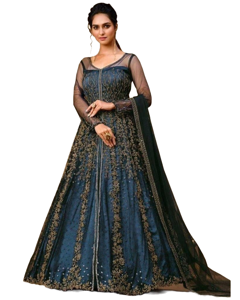 Blue Net Designer Long Gown With Bottom and Dupatta Kurti JCS Fashions Blue Medium (38)