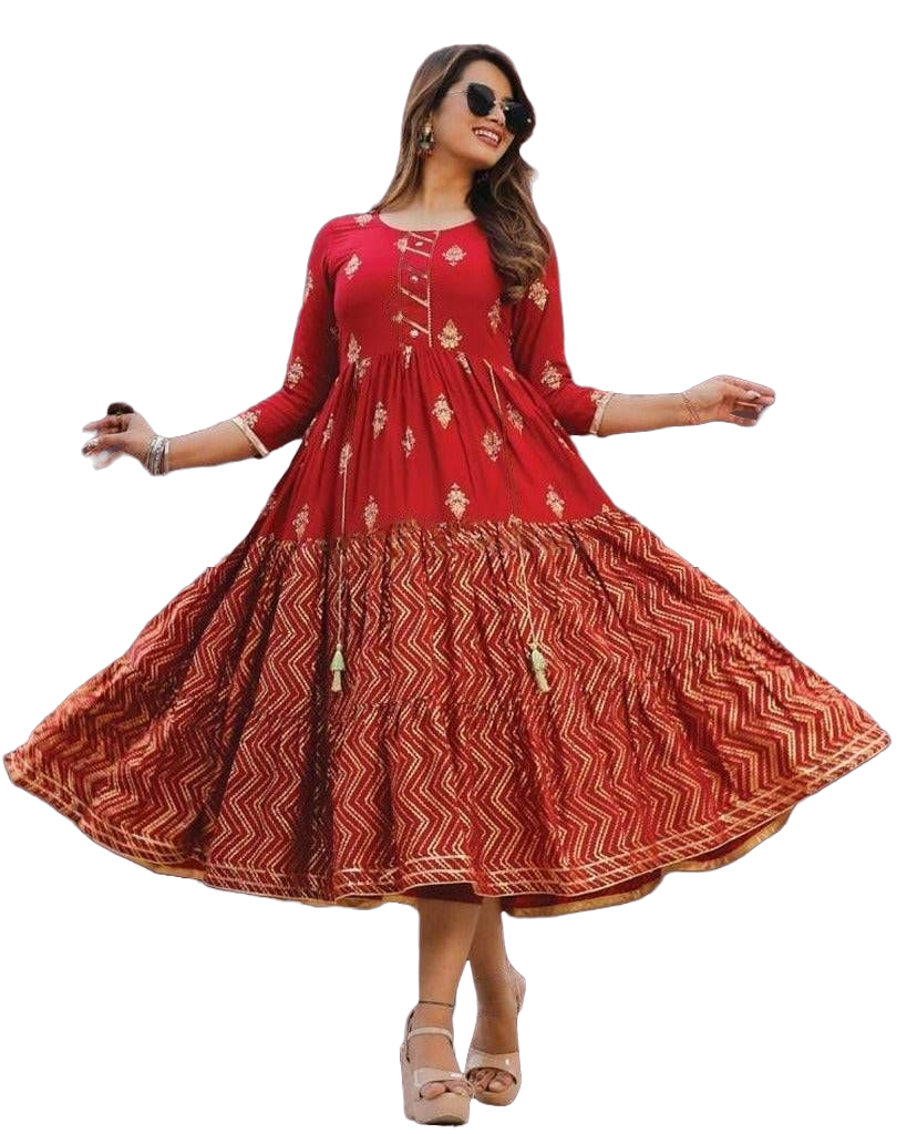 Rayon with Embroidery Designer Kurti Gown - Classy Prints KURTI JCS Fashions Red Small (36)