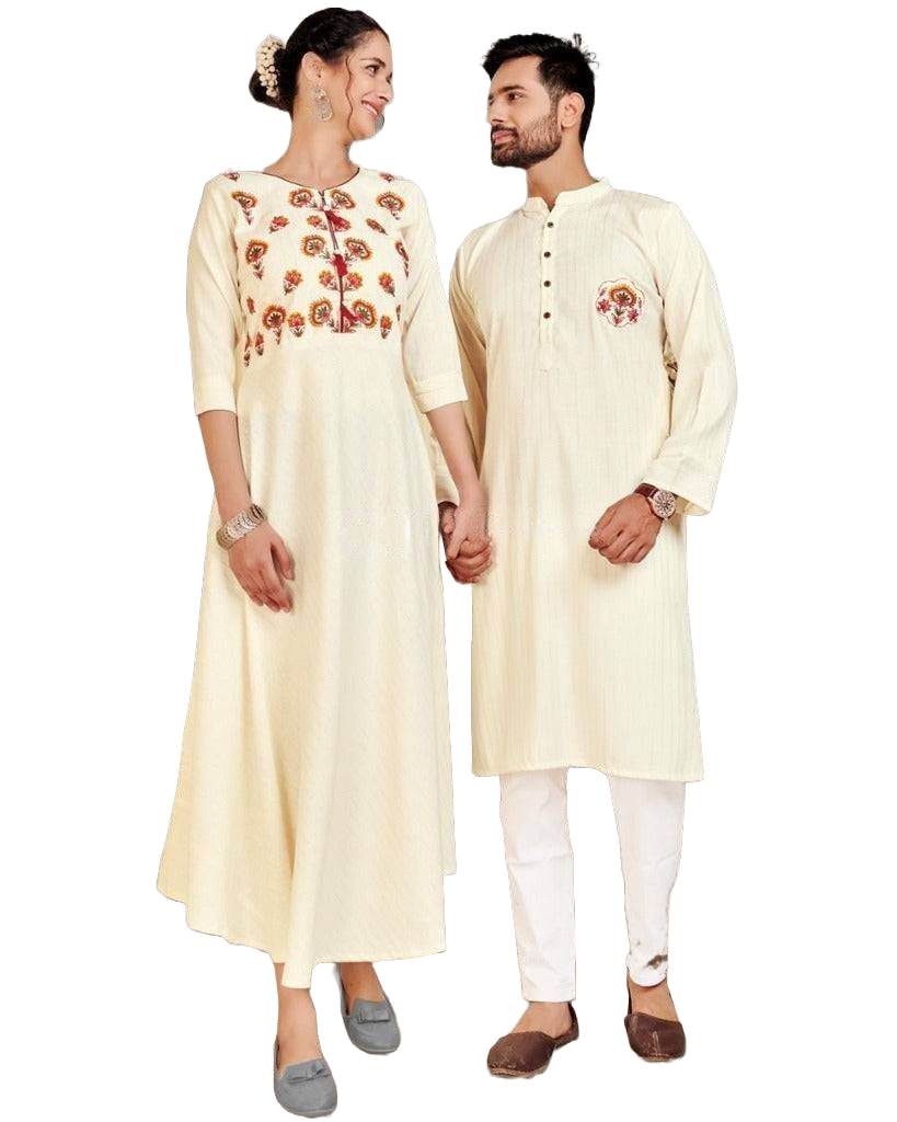 Couple's Combo party wear set Kurti JCS Fashions Cream Men's L(40) Women's L(40)