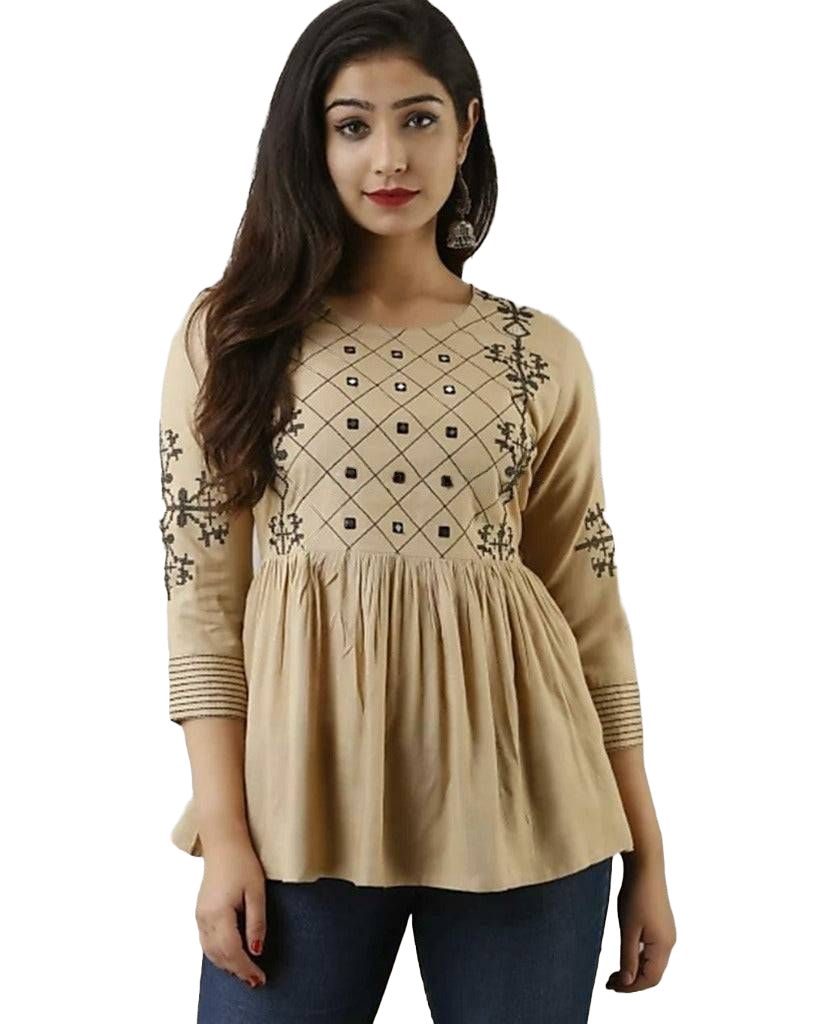 Stylish Embroidered Rayon Short Tops - Elevate Your Wardrobe Kurti JCS Fashions Brown Large (40)