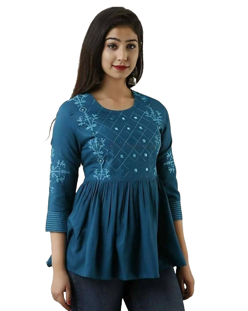 Stylish Embroidered Rayon Short Tops - Elevate Your Wardrobe Kurti JCS Fashions Blue Large (40)