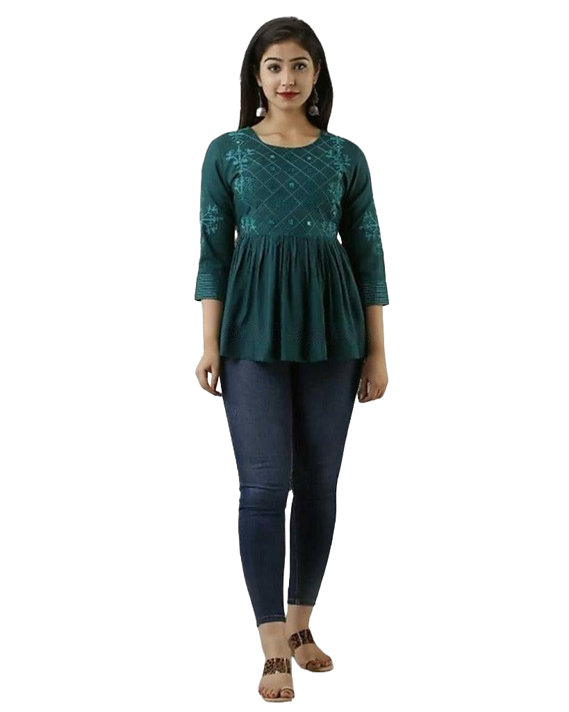 Stylish Embroidered Rayon Short Tops - Elevate Your Wardrobe Kurti JCS Fashions Bottle Green Large (40)