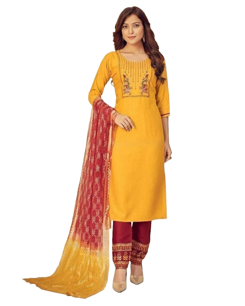 Rayon Slub Embroidery Work Salwar Kurti JCS Fashions Yellowish Orange Large (40)