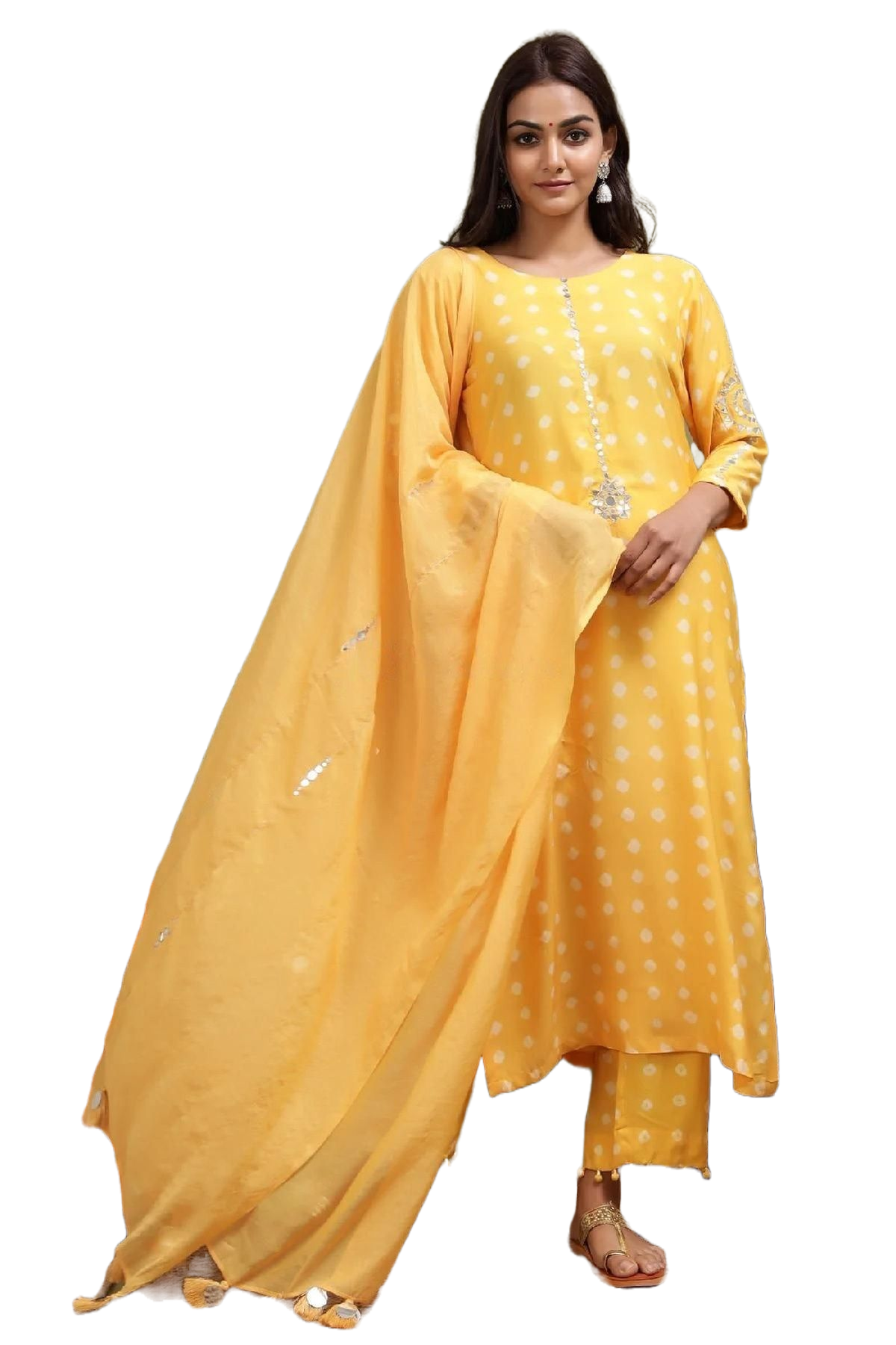 Yellow Bandhini Straight Kurti With Potli Pants and matching Stole