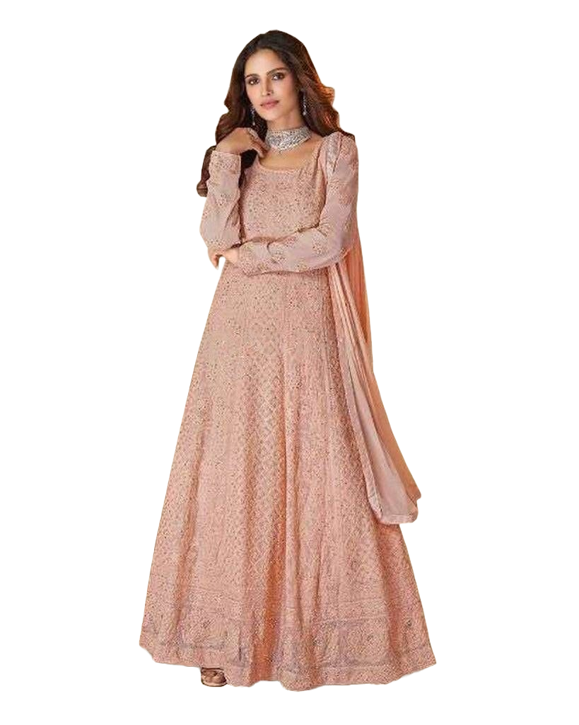 Real Gorgette Floor length Kurti Wtih Dupatta. Heavy embroidery. Peach Kurti JCS Fashions Peach X-Large (42)