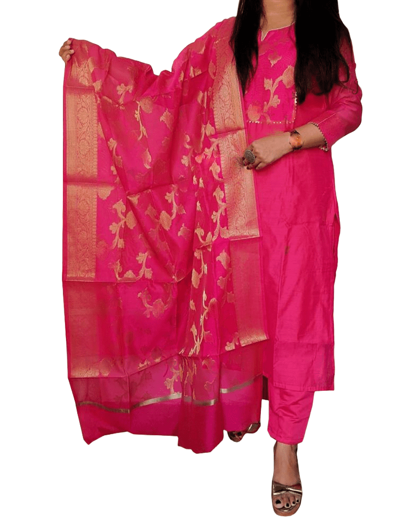 Pure Chanderi Silk Kurta With Banarasi Dupatta And Pant KURTI JCS Fashions Pink XX-Large (44)