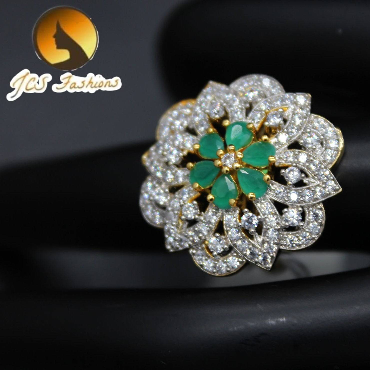 Open Flexible Adjustable finger Ring in american diamond Stone Jewelry JCS Fashions Green and White