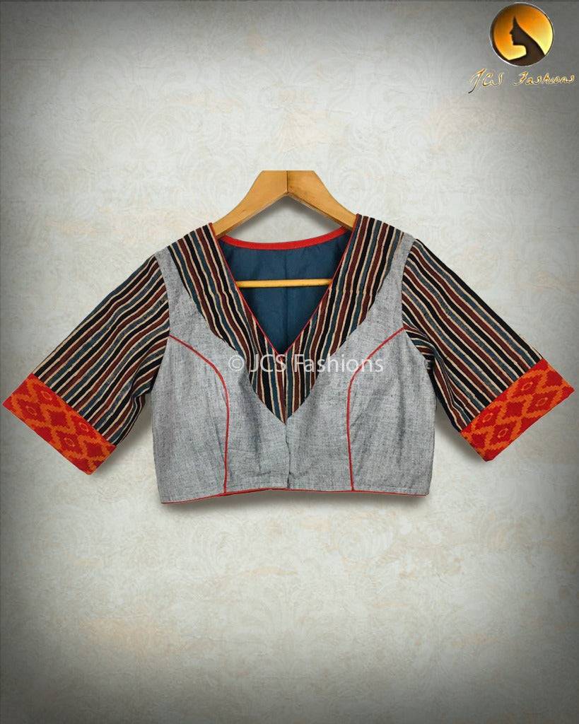 Pure Ajrakh Cotton Blouse with Kantha Embroidery – Ready Made Blouse Blouse JCS Fashions Grey 38