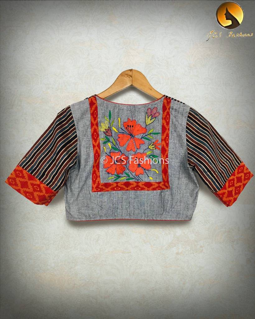 Pure Ajrakh Cotton Blouse with Kantha Embroidery – Ready Made Blouse Blouse JCS Fashions