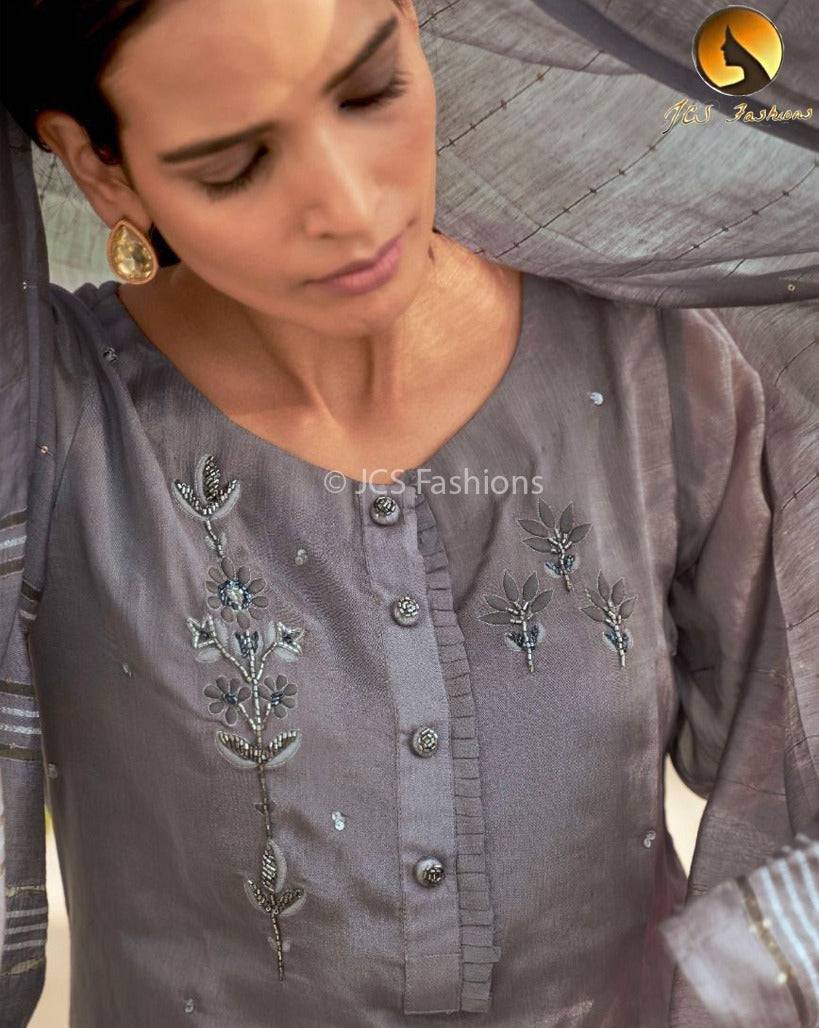 Designer Viscose Silk Sharara Set with Handwork Jacquard Dupatta Kurti JCS Fashions Grey Medium (38)