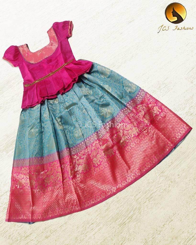 Banarasi Crushed Silk Lehenga for Kids Kids JCS Fashions Cyan Blue With Pink Border 26