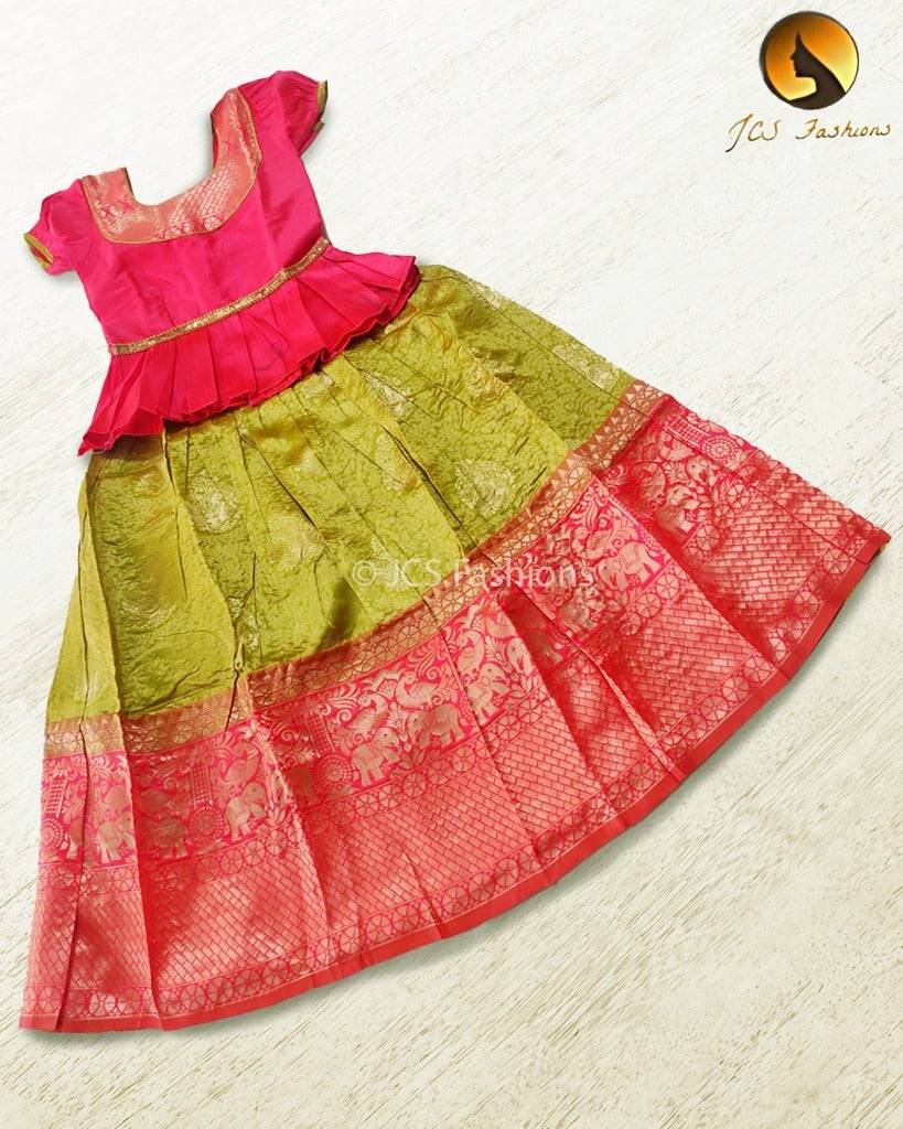 Banarasi Crushed Silk Lehenga for Kids Kids JCS Fashions Light Green With Pink Border 26