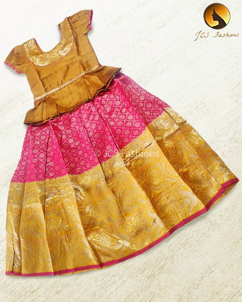 Banarasi Crushed Silk Lehenga for Kids Kids JCS Fashions Pink With Gold Border 26