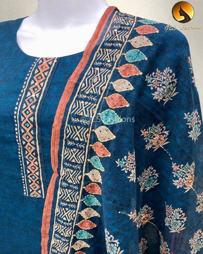 Soft Chanderi 3-Piece Set with Heavy Handcrafted Kantha Work Dupatta Kurti JCS Fashions