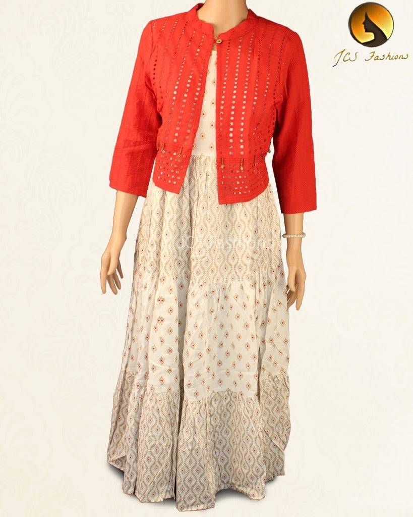 Graceful Block Print Anarkali Gown with Red Hakobha Overlay Kurti JCS Fashions White and red Medium (38)