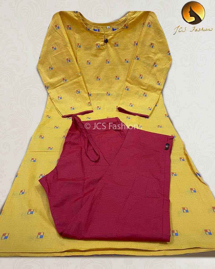 Cotton Kurti and Pant Set - Comfortable and Stylish Ensemble Kurti JCS Fashions Yellow With Red Medium (38)