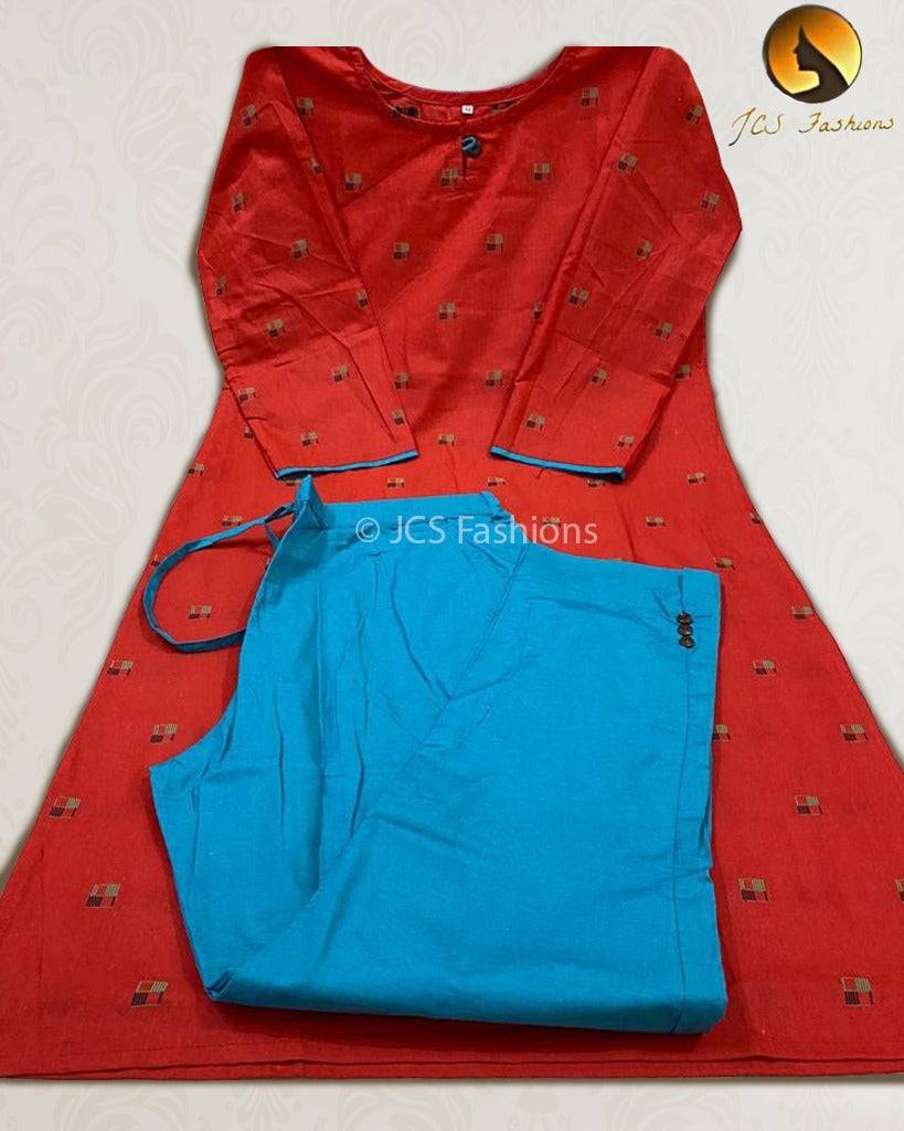 Cotton Kurti and Pant Set - Comfortable and Stylish Ensemble Kurti JCS Fashions Red With Blue Medium (38)