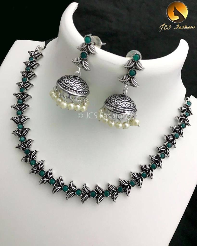 German Silver Neck Set Jewelry JCS Fashions Green