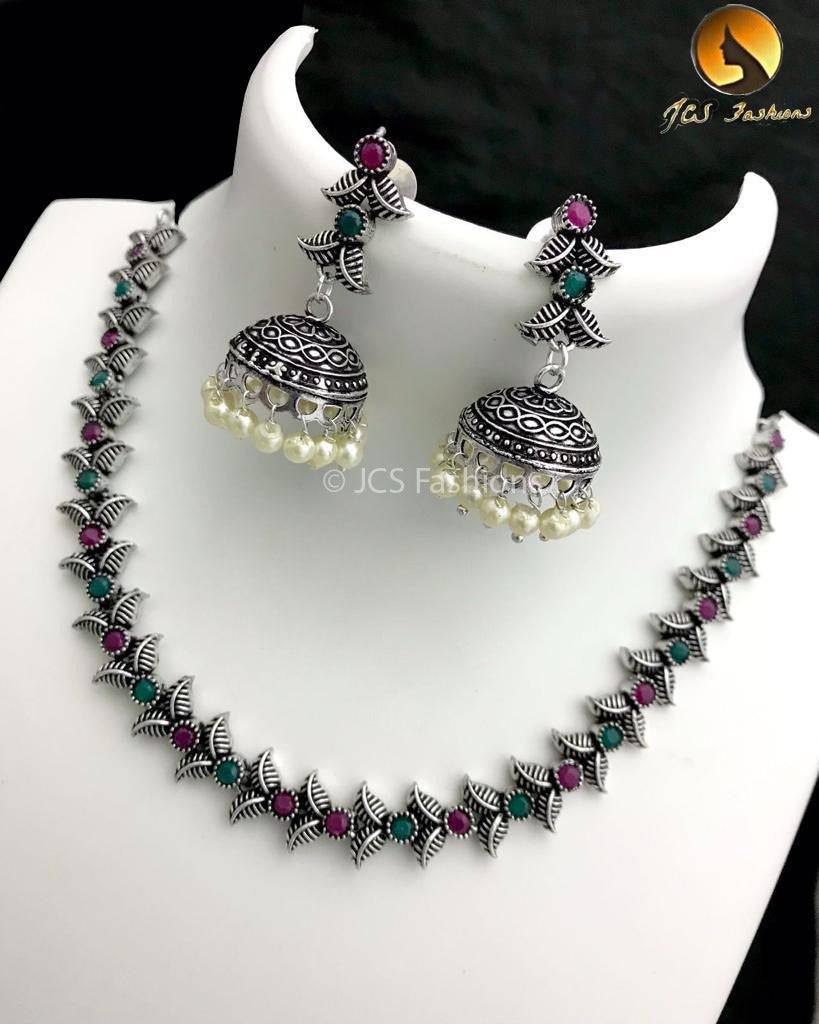 German Silver Neck Set Jewelry JCS Fashions Pink and Green