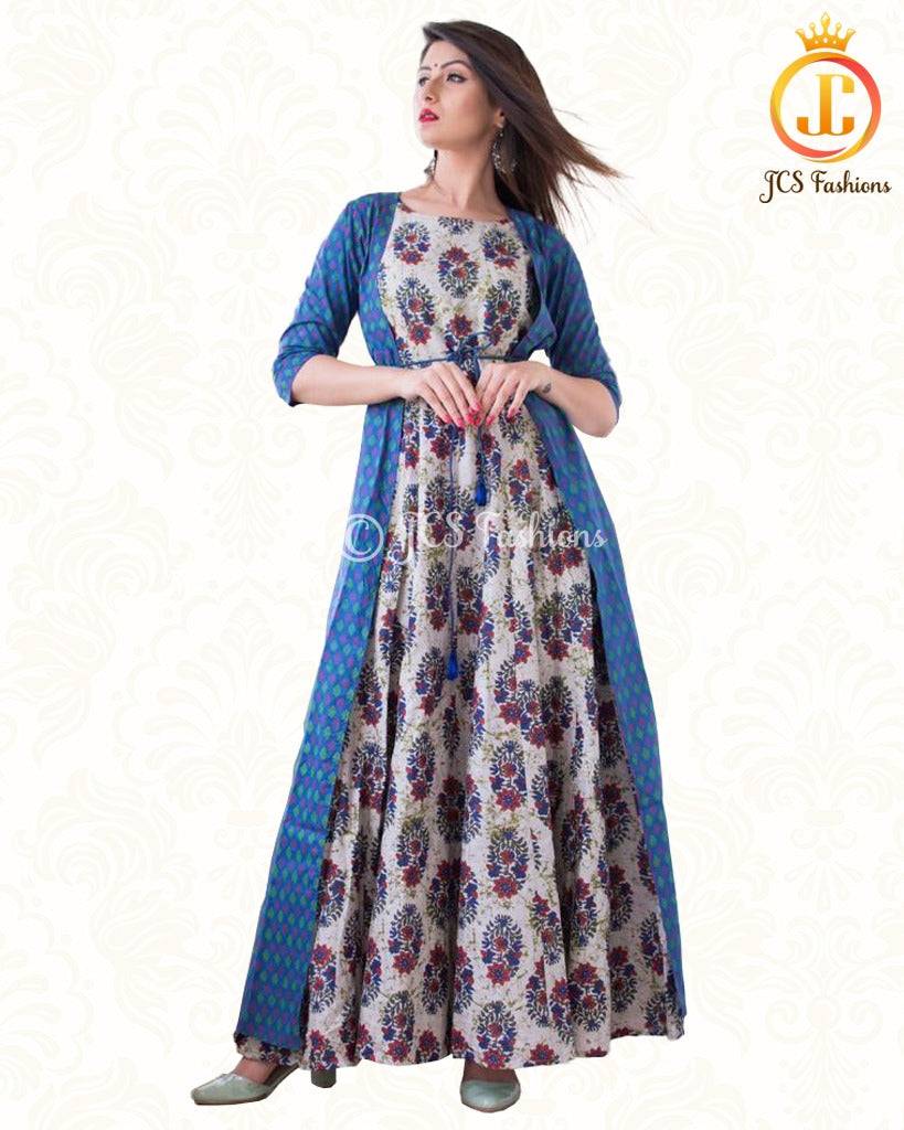 Pure muslin Long gown With Long over-coat Kurti JCS Fashions blue Medium (38)