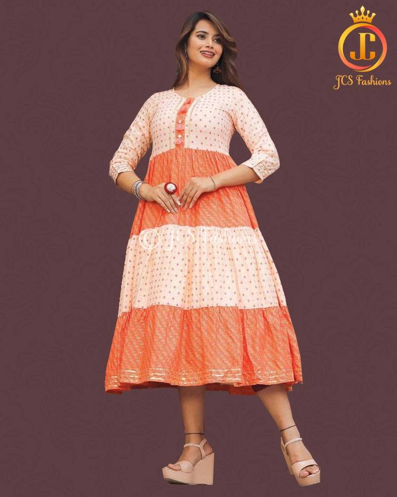 Boho-Chic Tier Pattern Indian Kurti Gown. Ships from USA Kurti JCS Fashions Orange Small (36)