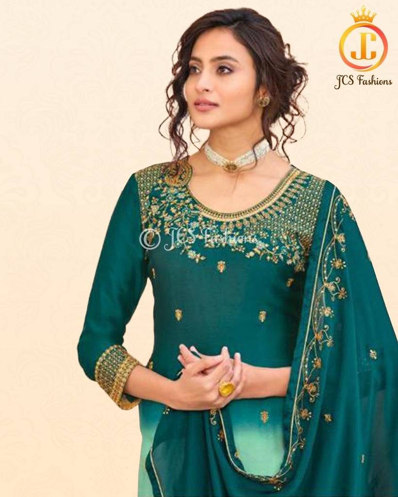 Soft Silk Three Piece salwar suit In Two shade green Kurti JCS Fashions