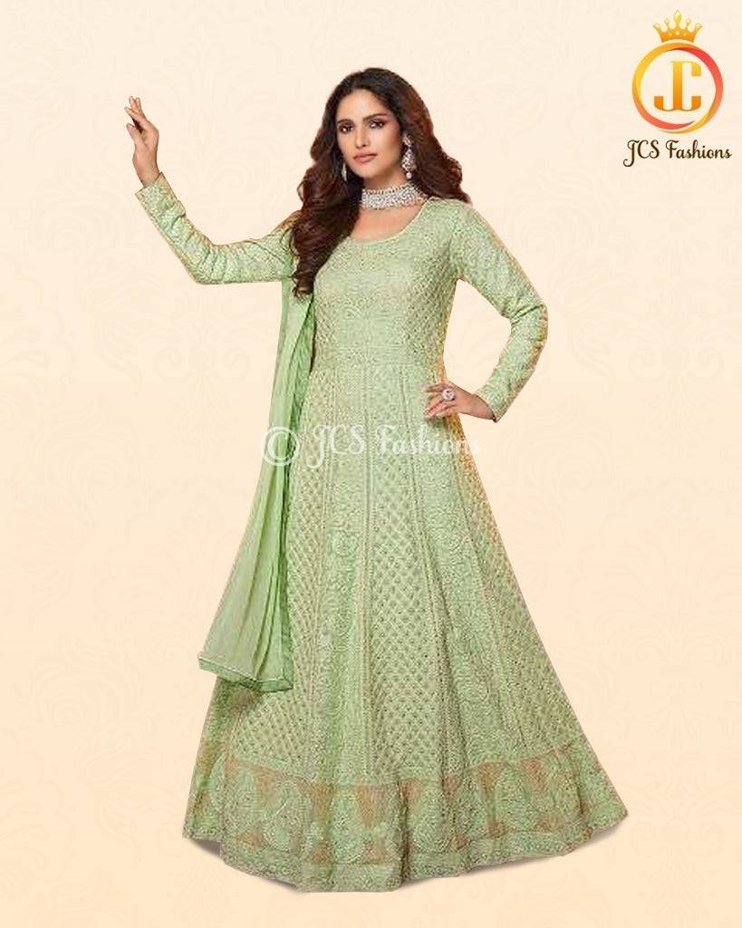 Real Gorgette Floor length Kurti Wtih Dupatta. Heavy embroidery. Green Kurti JCS Fashions