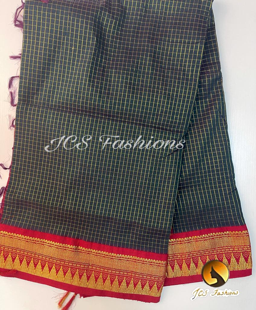 Traditional Madurai Silk cotton handloom saree in Green and Red Saree JCS Fashions Bottle Green 5.5 meters