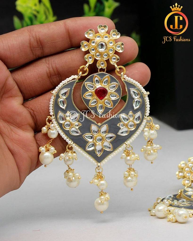 Chic Grey Meenakari Earrings | Alloy Gold Plated, Kundan & Beads Stones Jewelry JCS Fashions